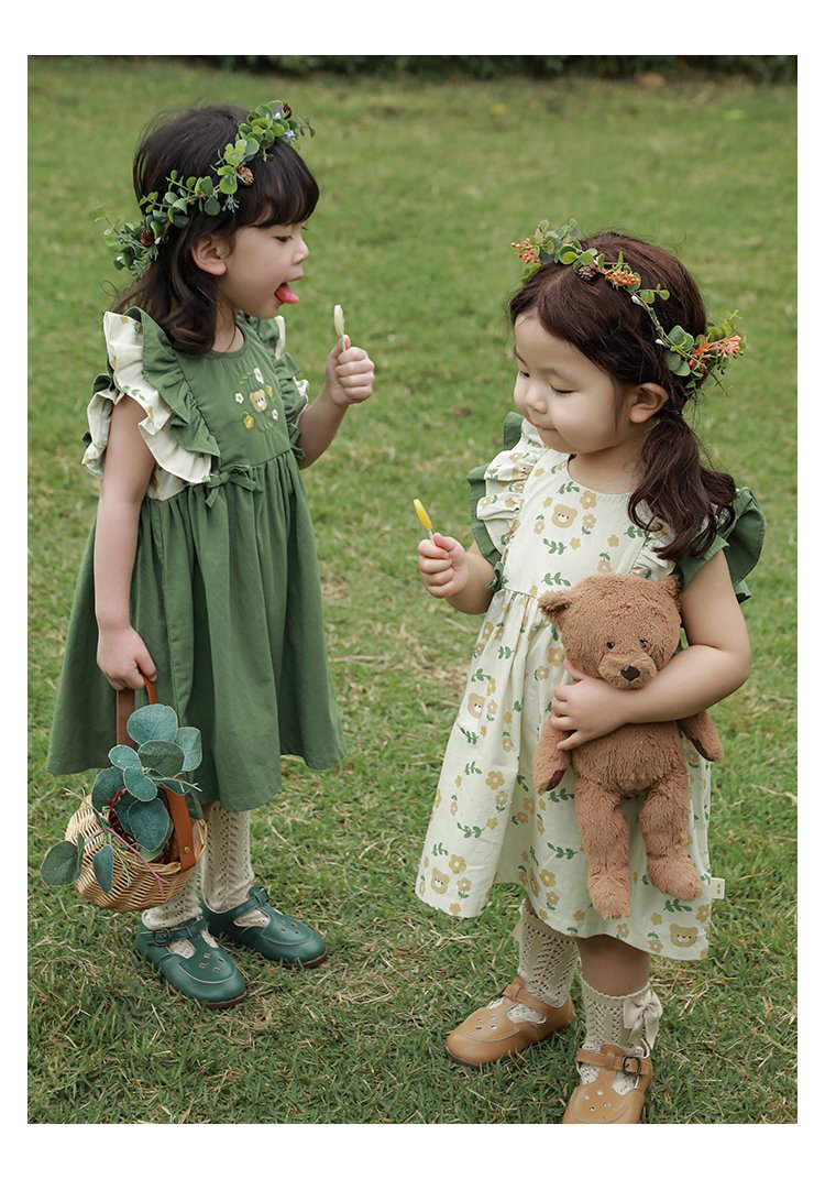 Cartoon Bear Green Cotton dress - Image 6