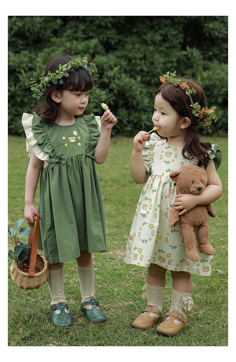 Cartoon Bear Green Cotton dress - Image 7